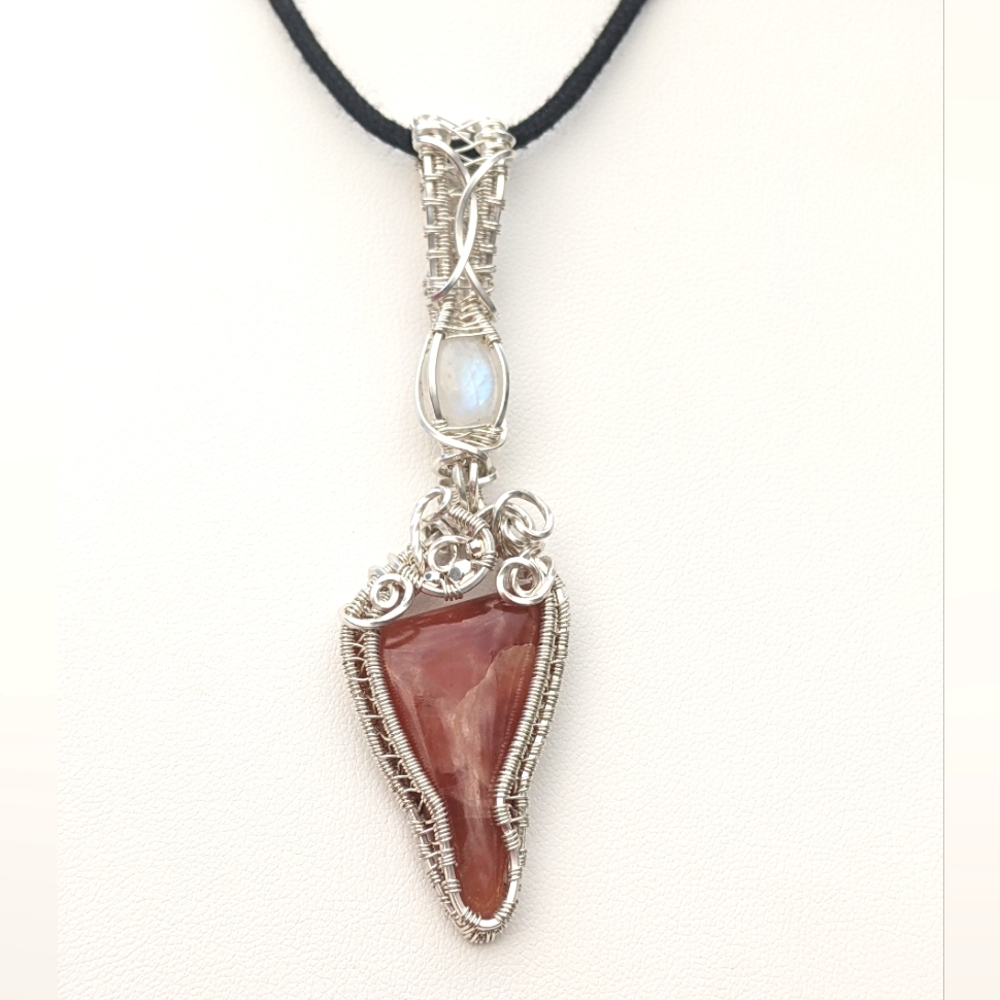 Sterling Silver Moonstone And Strawberry Rhodochrosite Pendant Necklace Handmade - Picture 5 of 17